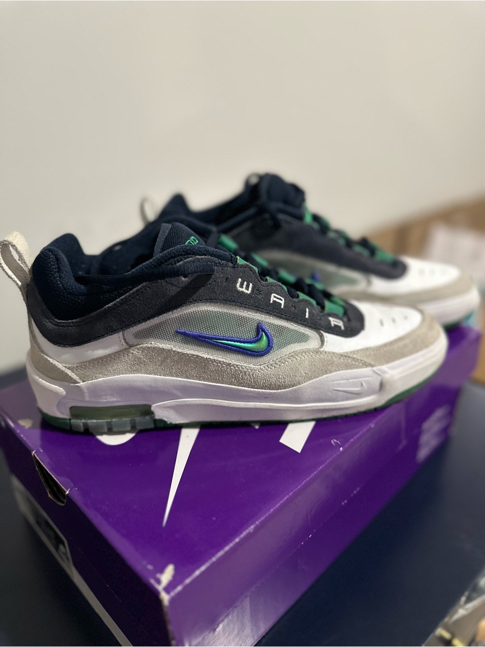 Nike Men’s Low-Top Sneakers in White, Gray & Navy with Green Accents